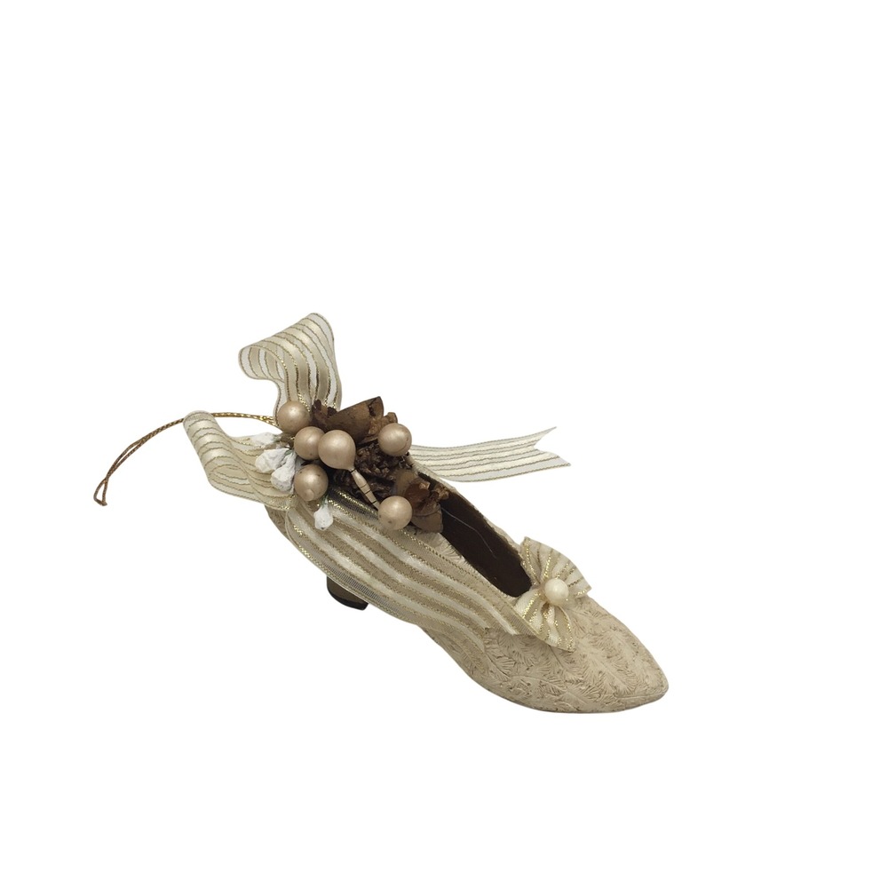 Vintage Victorian High Heel Shoe Ornament Cream Gold Floral Bow Hanging Decor